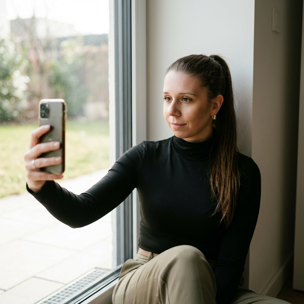 LinkedIn portrét bez focení, žena fotící si selfie u okna mobilním telefonem jako první krok k profesionální LinkedIn fotce vytvořené Marcelou Kramářovou bez ateliérového focení