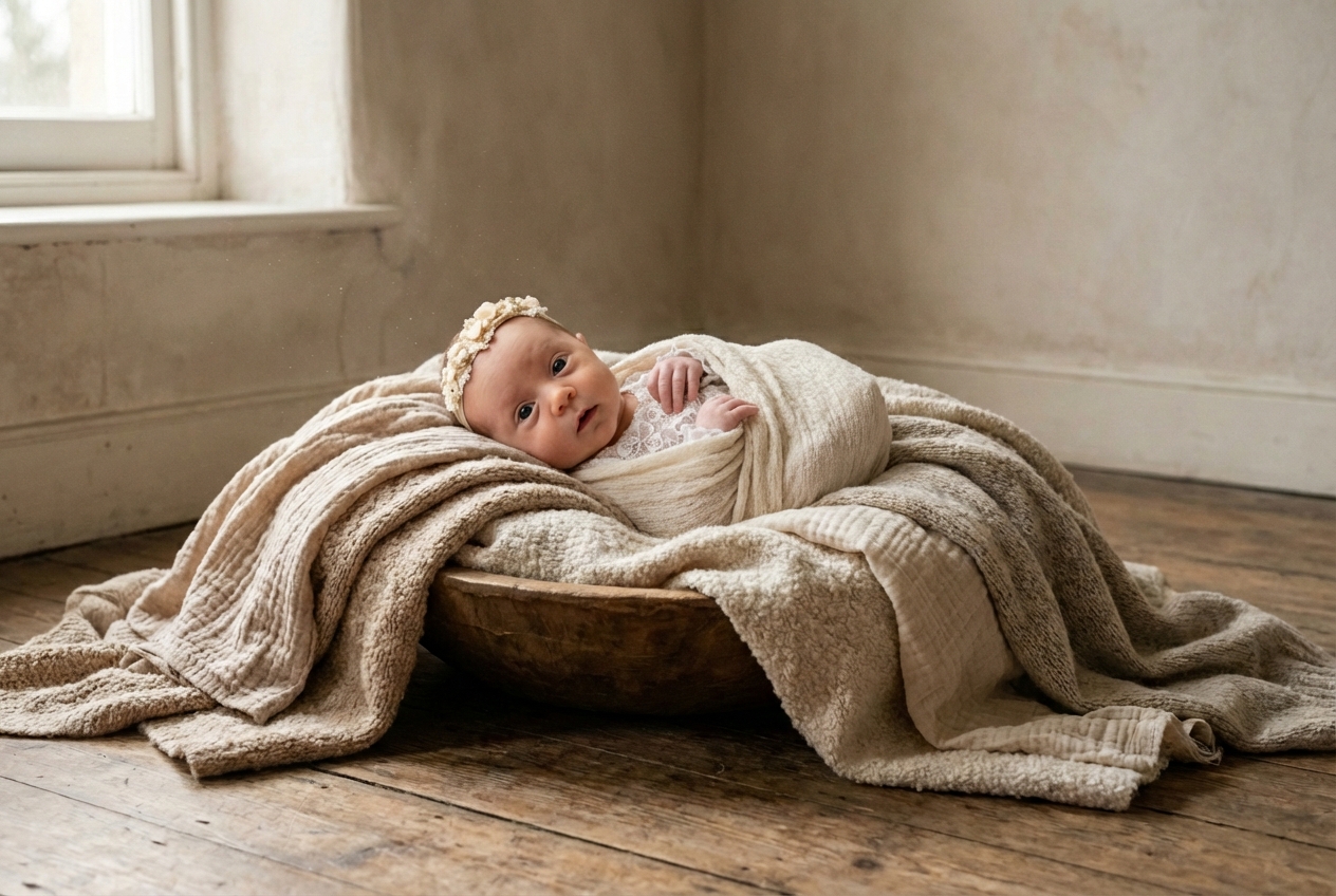 Newborn focení Brno, jemný stylizovaný portrét miminka v ateliéru v Čechyni nedaleko Brna, neutrální tóny a klidná atmosféra prvních dnů
